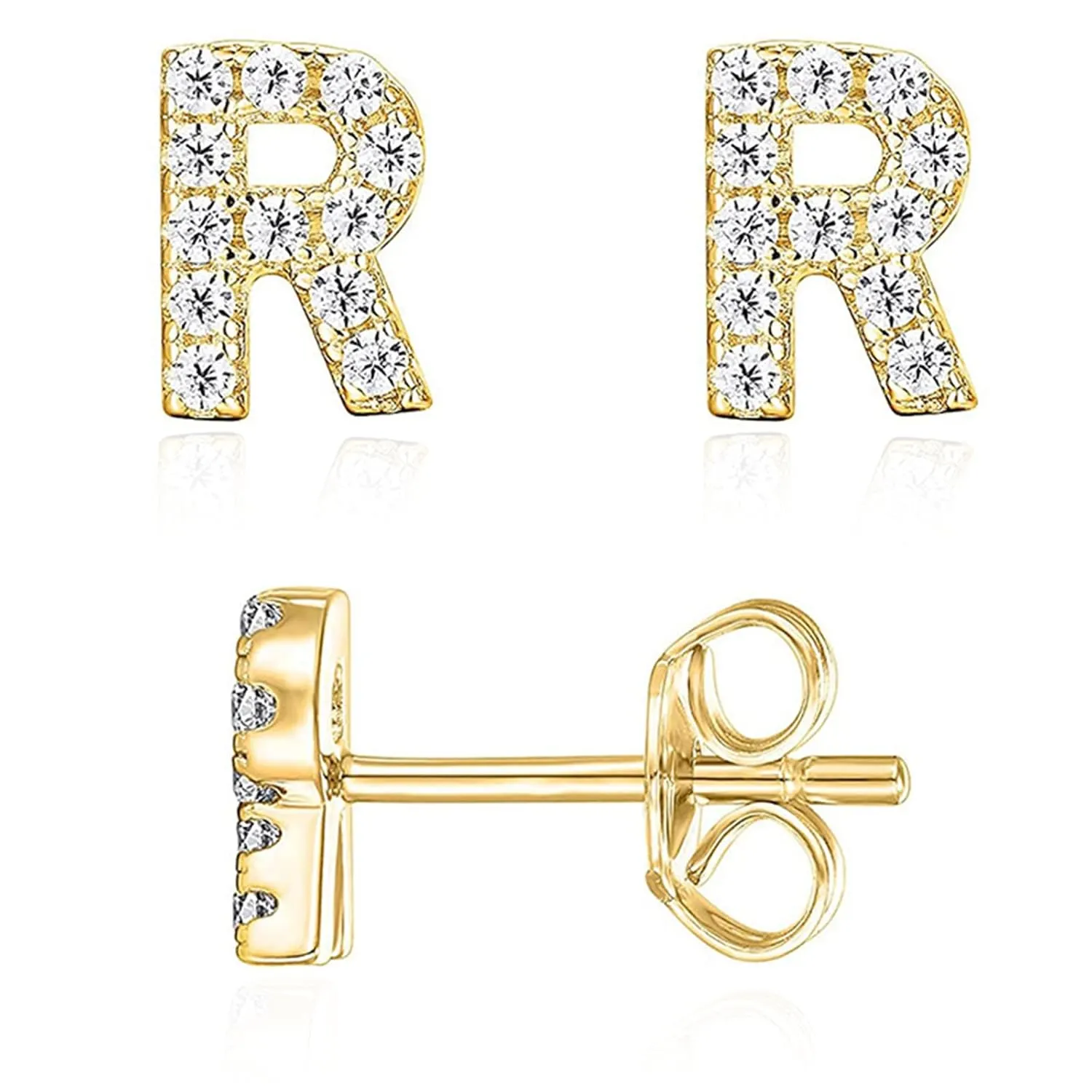 Letter R Initial Stud Earrings for Girls, 14K Gold Plated Sterling Silver Alphabet Letter Earrings, Post CZ Stud Earrings, Hypoallergenic Earrings for Girl Women Teen Girl Gifts (Gold, R)
