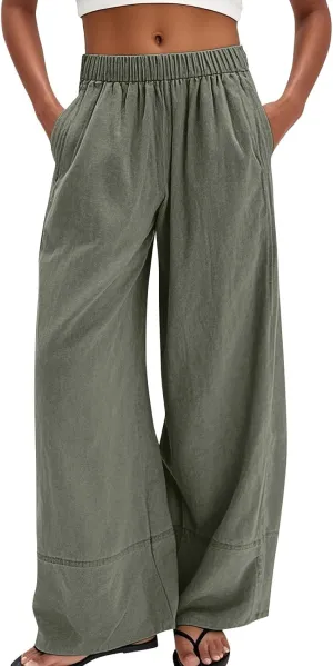 Linen Pants Women Summer Wide Leg Casual Palazzo Elastic Waist Beach Pants Loose Lounge Trousers with Pockets