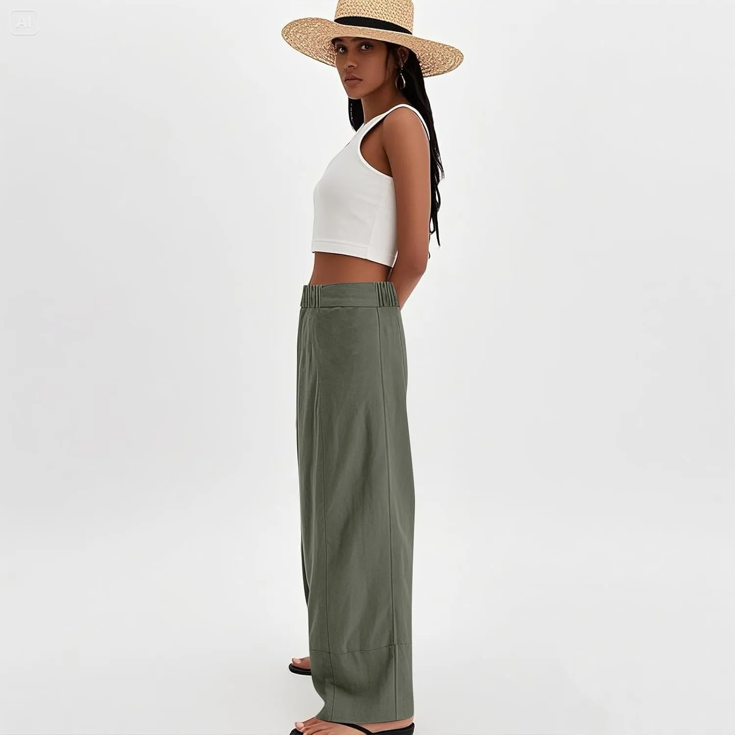 Linen Pants Women Summer Wide Leg Casual Palazzo Elastic Waist Beach Pants Loose Lounge Trousers with Pockets