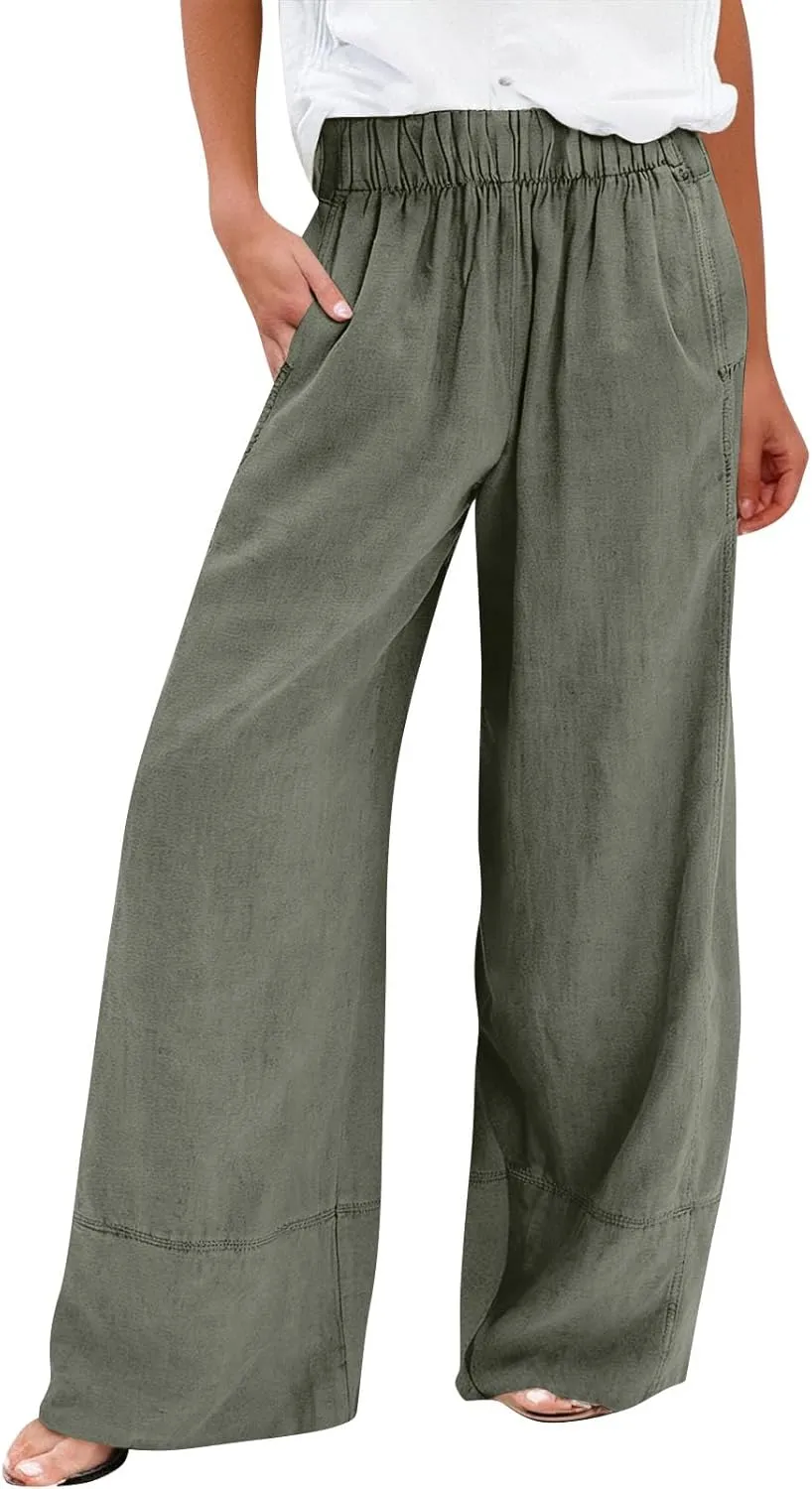 Linen Pants Women Summer Wide Leg Casual Palazzo Elastic Waist Beach Pants Loose Lounge Trousers with Pockets