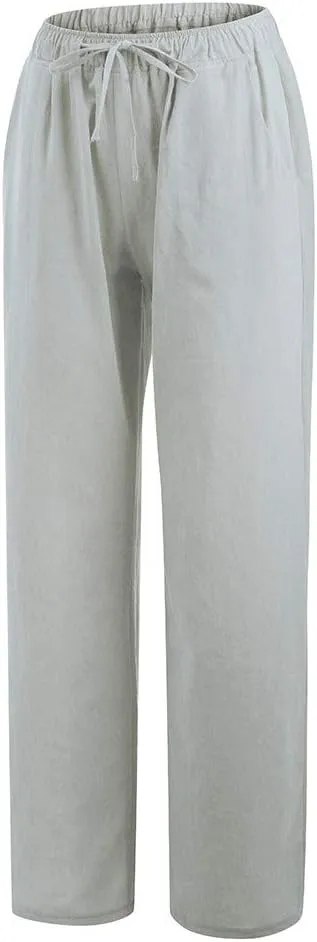 Linen Summer Pants Women 2024 Trendy Casual High Waist Drawstring Loose Fit Lightweight Long Palazzo Gauze Pants