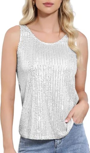 MINIDORA Women's Sequin Tops Sparkly Dressy Party Vests Glitter Sleeveless Shirts