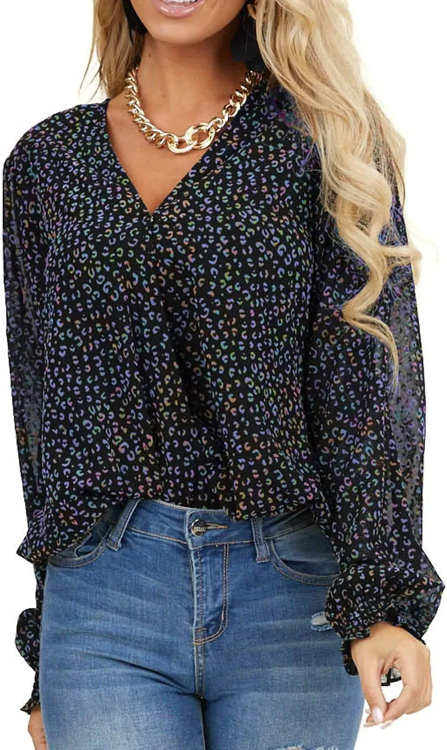 MLEBR Womens Blouses Fashion Long Sleeve V Neck Loose Casual Floral Leopard Printed Chiffon Blouses Tops and T Shirts