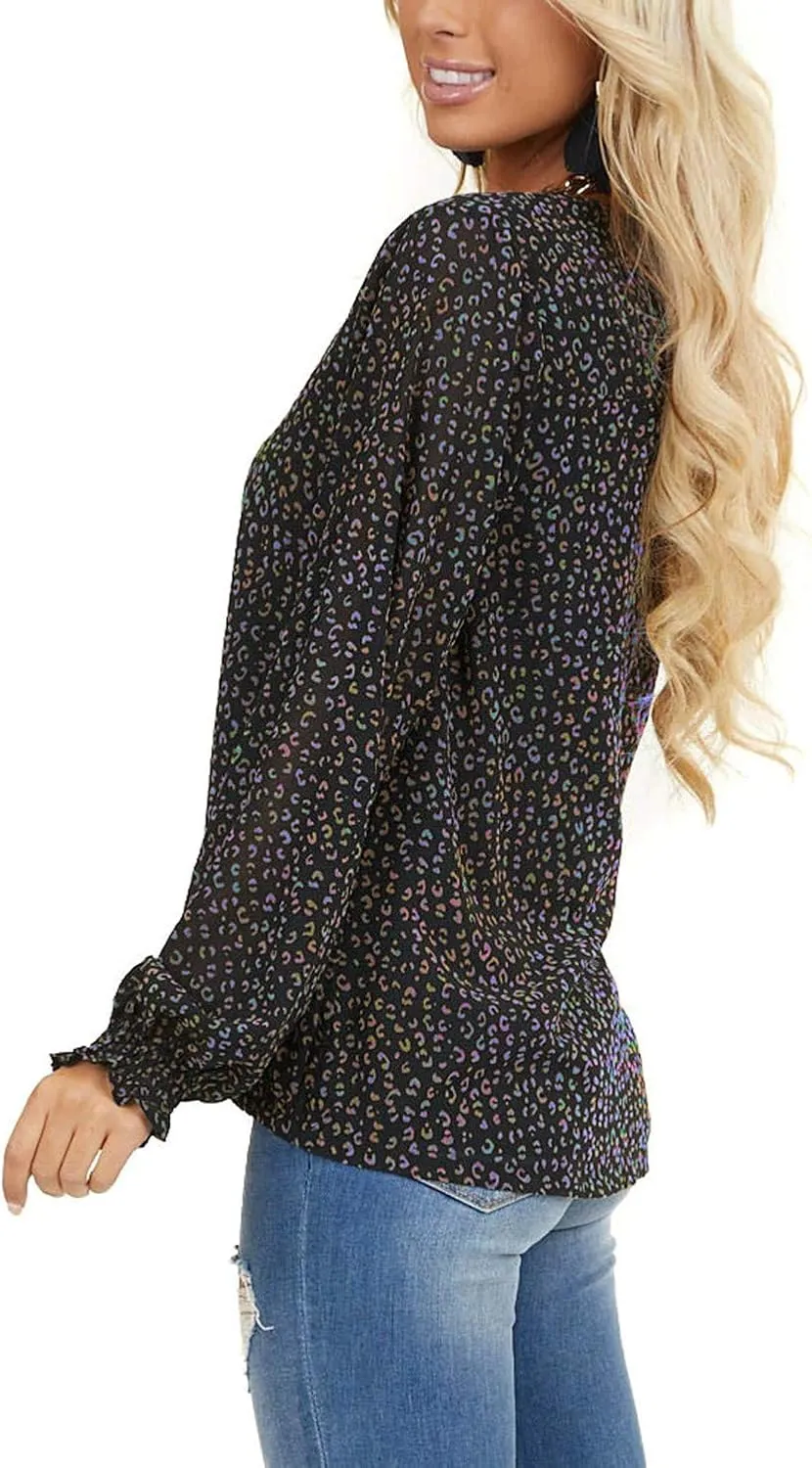 MLEBR Womens Blouses Fashion Long Sleeve V Neck Loose Casual Floral Leopard Printed Chiffon Blouses Tops and T Shirts