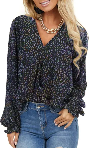 MLEBR Womens Blouses Fashion Long Sleeve V Neck Loose Casual Floral Leopard Printed Chiffon Blouses Tops and T Shirts