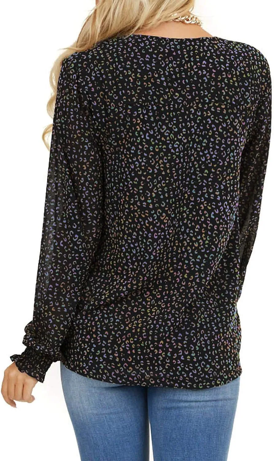MLEBR Womens Blouses Fashion Long Sleeve V Neck Loose Casual Floral Leopard Printed Chiffon Blouses Tops and T Shirts