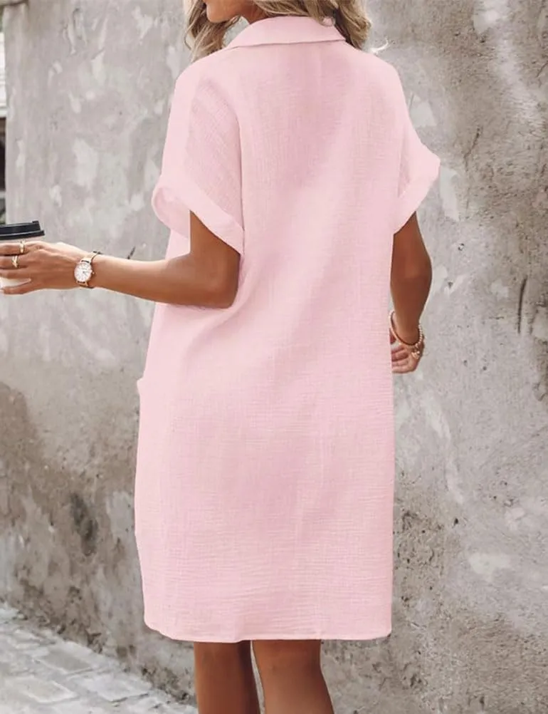 Mywinway Linen Dresses for Women Spring Summer V Neck Lapel Collar Short Sleeve Button Down Up Cute Midi Shirt Dress