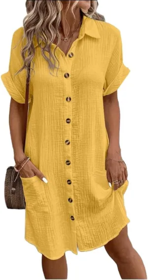 Mywinway Linen Dresses for Women Spring Summer V Neck Lapel Collar Short Sleeve Button Down Up Cute Midi Shirt Dress
