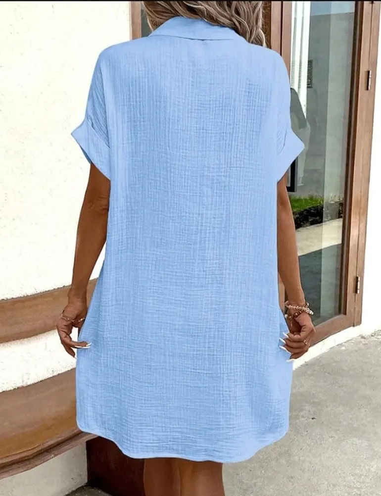 Mywinway Linen Dresses for Women Spring Summer V Neck Lapel Collar Short Sleeve Button Down Up Cute Midi Shirt Dress