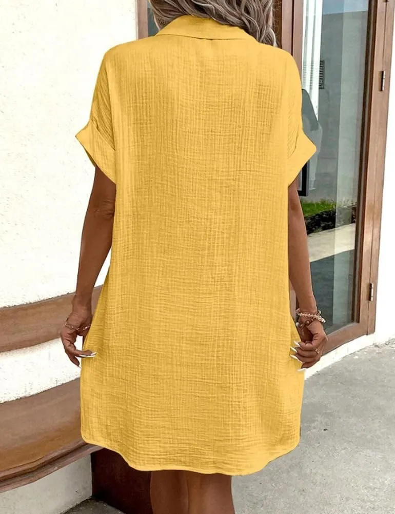 Mywinway Linen Dresses for Women Spring Summer V Neck Lapel Collar Short Sleeve Button Down Up Cute Midi Shirt Dress