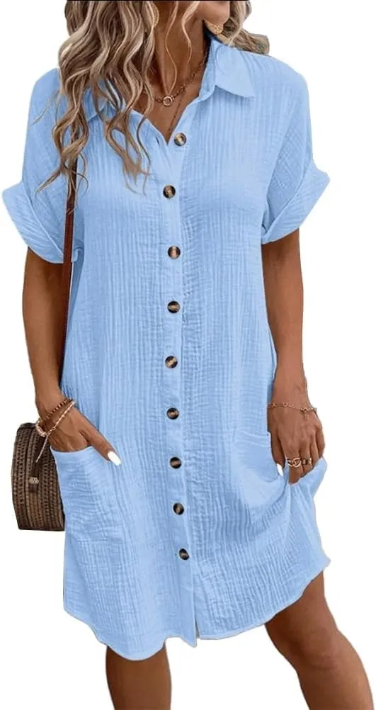Mywinway Linen Dresses for Women Spring Summer V Neck Lapel Collar Short Sleeve Button Down Up Cute Midi Shirt Dress