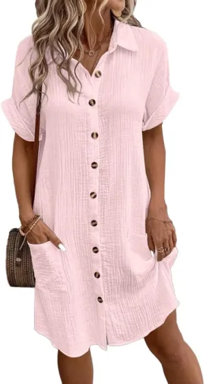 Mywinway Linen Dresses for Women Spring Summer V Neck Lapel Collar Short Sleeve Button Down Up Cute Midi Shirt Dress