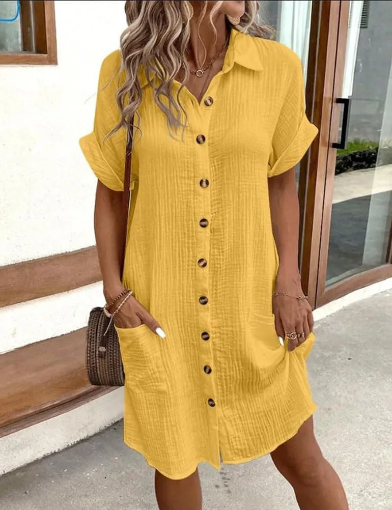 Mywinway Linen Dresses for Women Spring Summer V Neck Lapel Collar Short Sleeve Button Down Up Cute Midi Shirt Dress