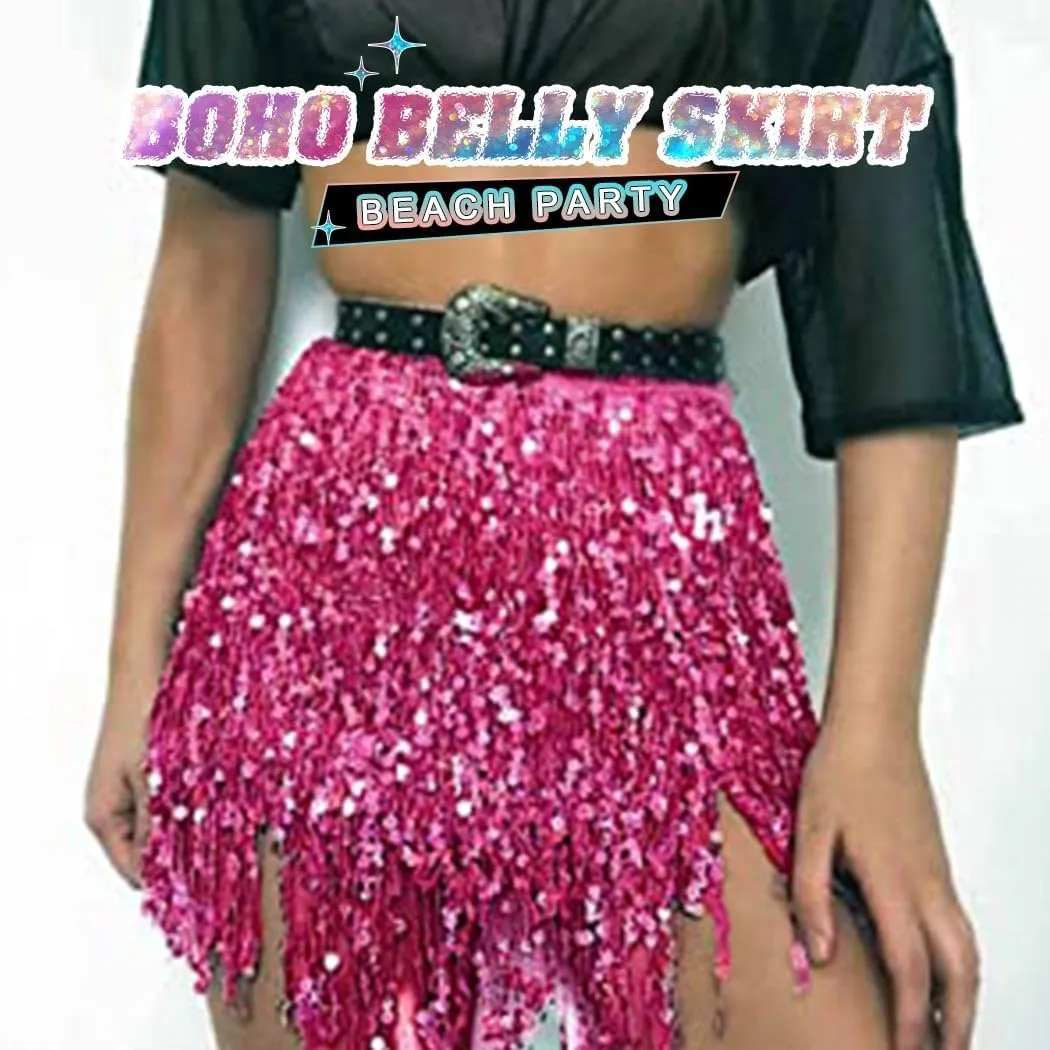 REETAN Fringe Sequin Skirt Belly Dance Sparkly Tassel Skirts for Women