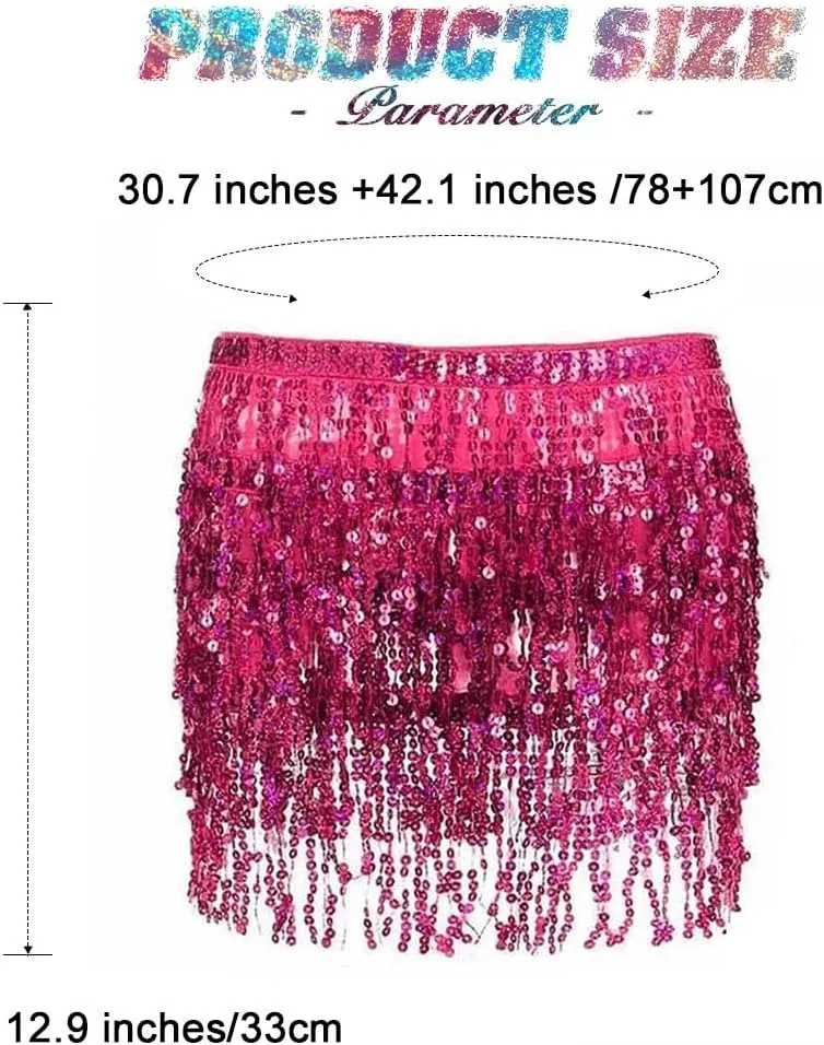 REETAN Fringe Sequin Skirt Belly Dance Sparkly Tassel Skirts for Women