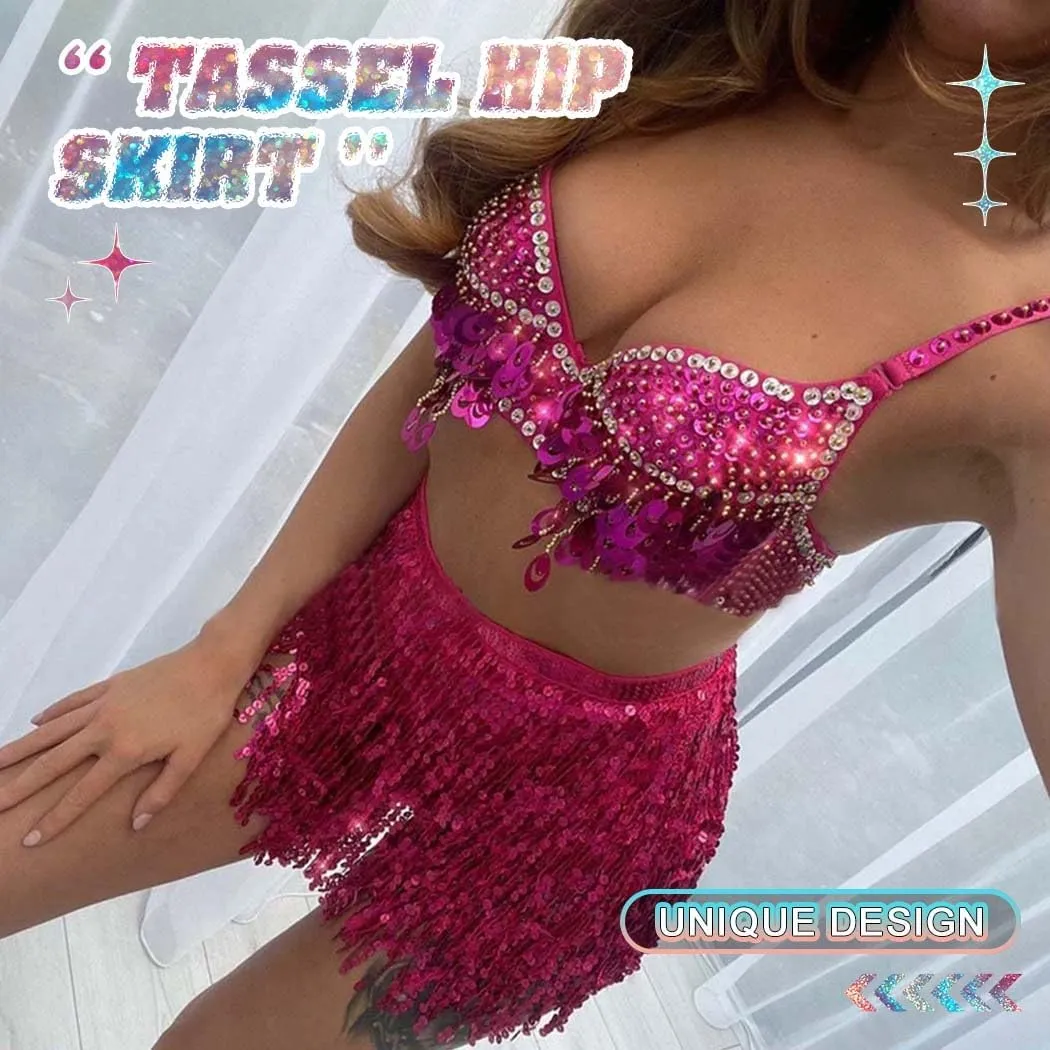 REETAN Fringe Sequin Skirt Belly Dance Sparkly Tassel Skirts for Women