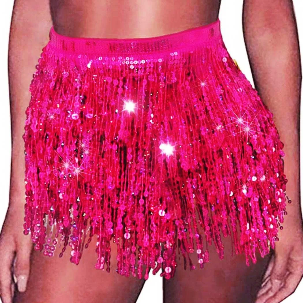 REETAN Fringe Sequin Skirt Belly Dance Sparkly Tassel Skirts for Women
