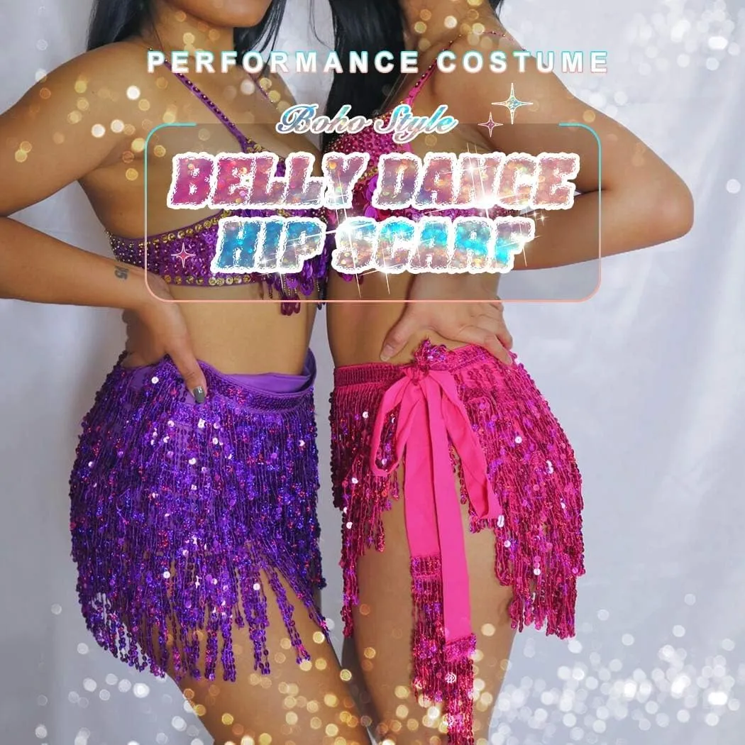 REETAN Fringe Sequin Skirt Belly Dance Sparkly Tassel Skirts for Women