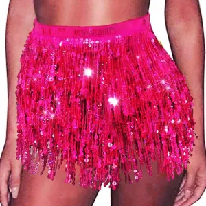 REETAN Fringe Sequin Skirt Belly Dance Sparkly Tassel Skirts for Women