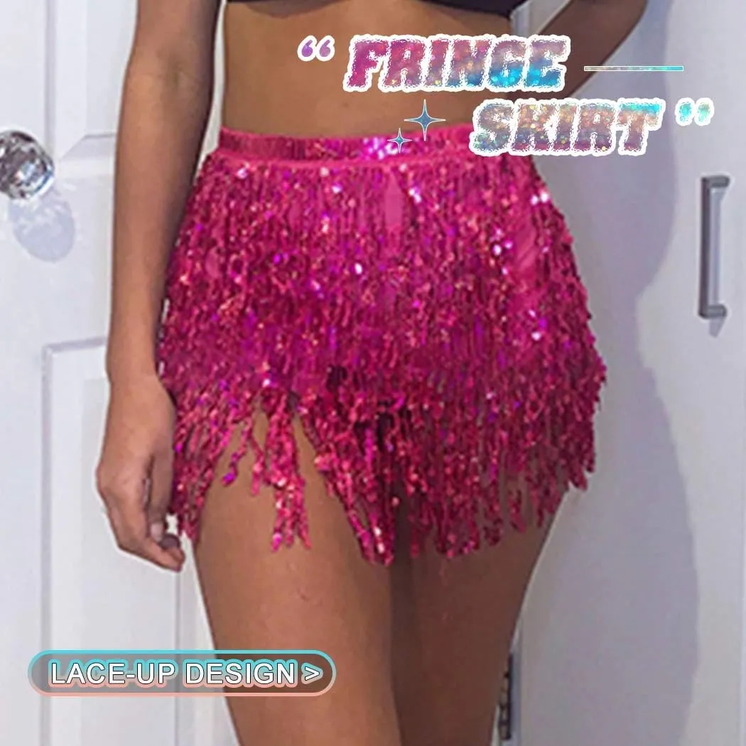 REETAN Fringe Sequin Skirt Belly Dance Sparkly Tassel Skirts for Women