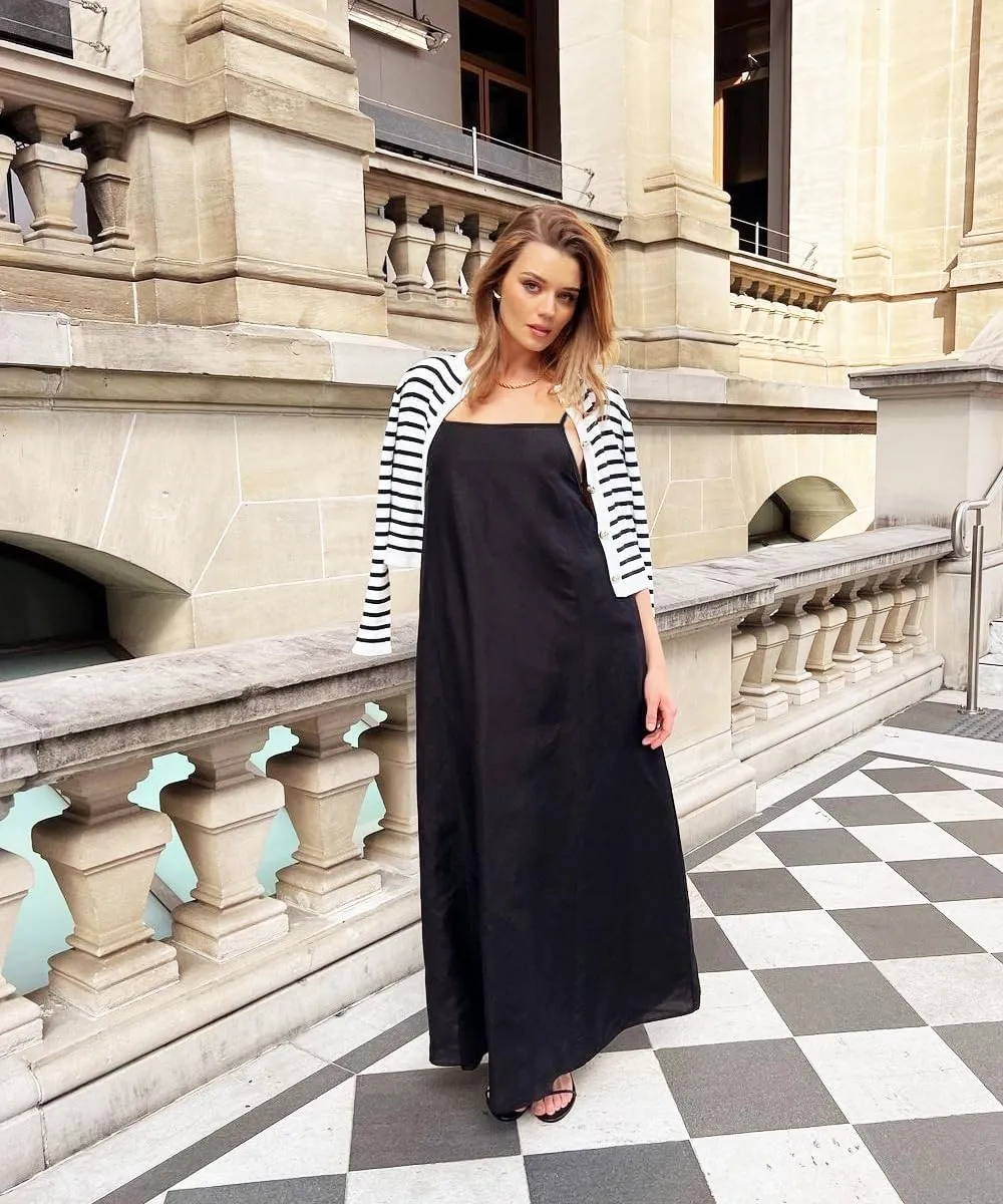 Senllen Women's Linen Dress Summer Loose Flowy Sundress Contrast Spaghetti Strap Sleeveless Backless Beach Maxi Long Dresses