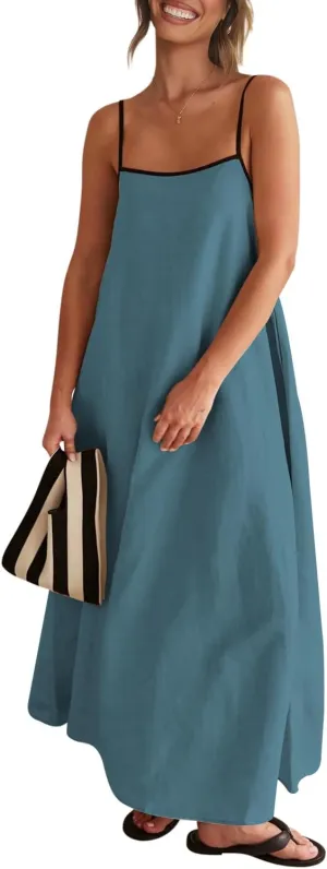 Senllen Women's Linen Dress Summer Loose Flowy Sundress Contrast Spaghetti Strap Sleeveless Backless Beach Maxi Long Dresses