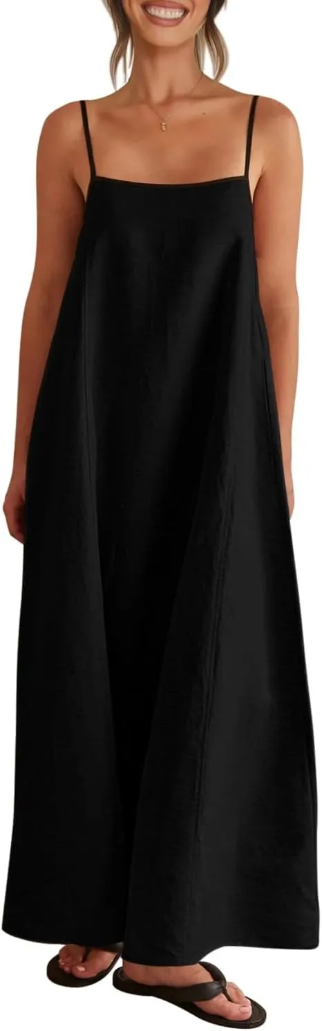 Senllen Women's Linen Dress Summer Loose Flowy Sundress Contrast Spaghetti Strap Sleeveless Backless Beach Maxi Long Dresses