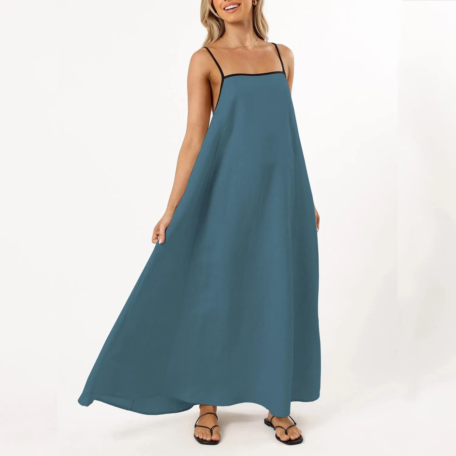 Senllen Women's Linen Dress Summer Loose Flowy Sundress Contrast Spaghetti Strap Sleeveless Backless Beach Maxi Long Dresses