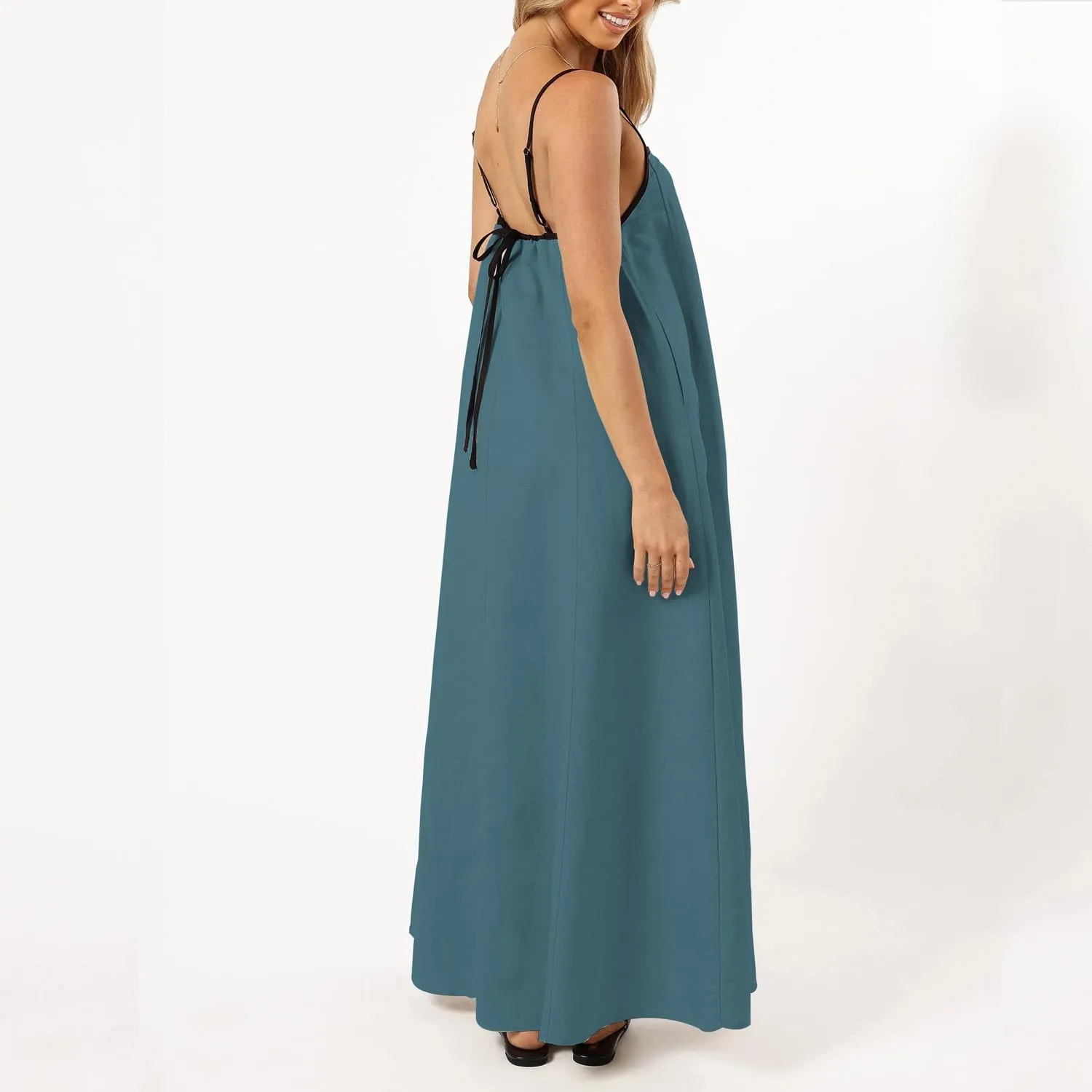 Senllen Women's Linen Dress Summer Loose Flowy Sundress Contrast Spaghetti Strap Sleeveless Backless Beach Maxi Long Dresses