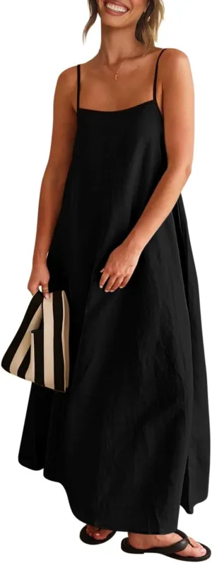 Senllen Women's Linen Dress Summer Loose Flowy Sundress Contrast Spaghetti Strap Sleeveless Backless Beach Maxi Long Dresses
