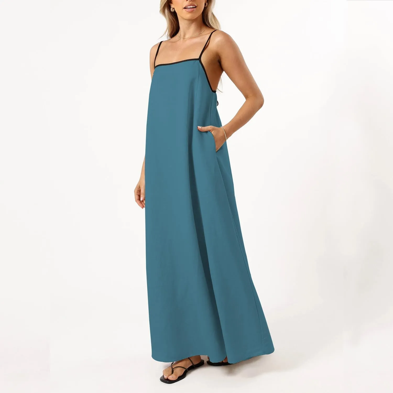 Senllen Women's Linen Dress Summer Loose Flowy Sundress Contrast Spaghetti Strap Sleeveless Backless Beach Maxi Long Dresses