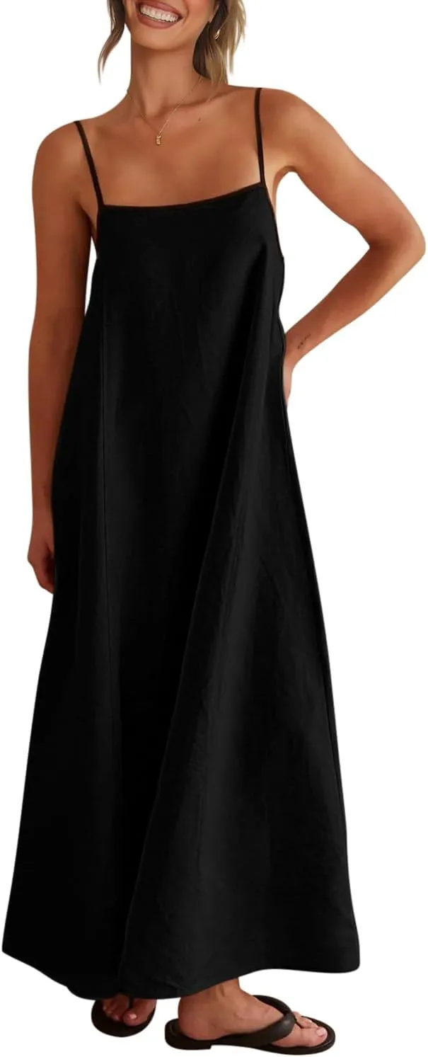 Senllen Women's Linen Dress Summer Loose Flowy Sundress Contrast Spaghetti Strap Sleeveless Backless Beach Maxi Long Dresses