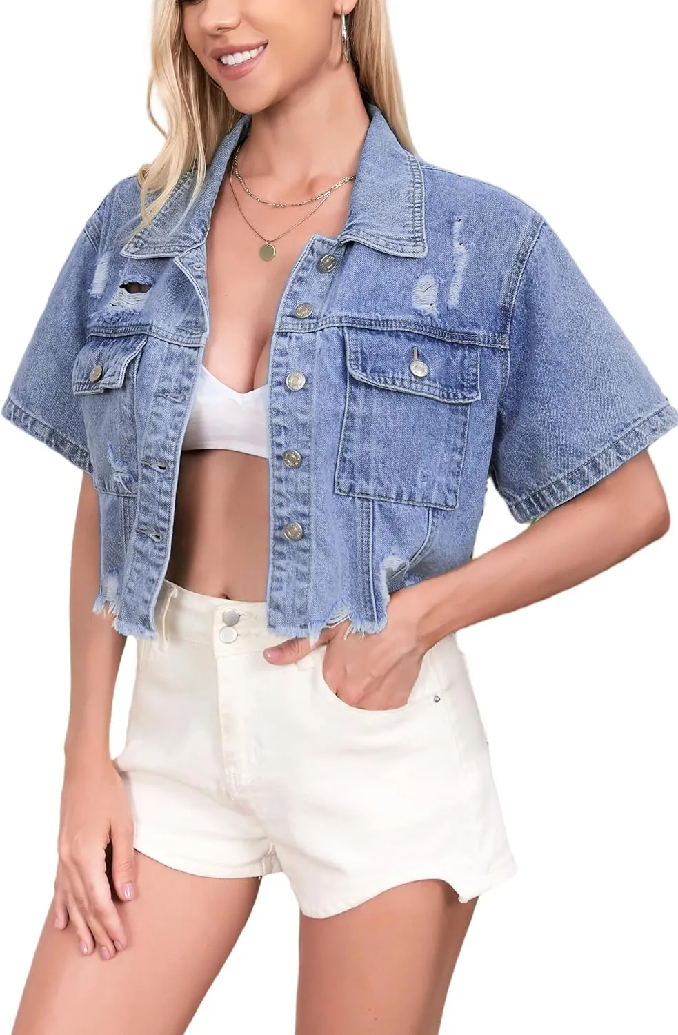 Short Sleeve Jean Jacket for Women Cropped Distressed Jackets Plus Size Denim Top with Frayed Hem