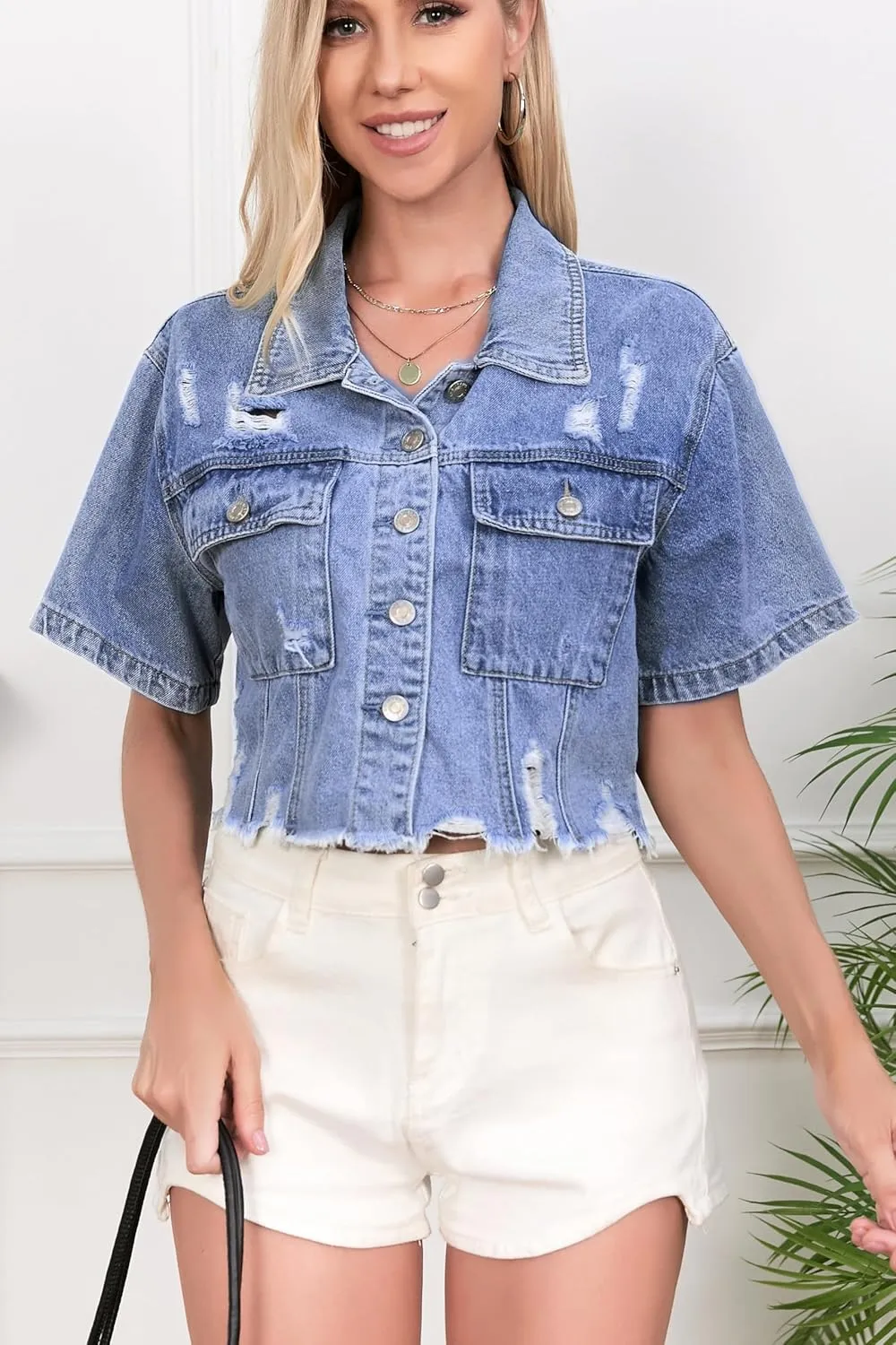 Short Sleeve Jean Jacket for Women Cropped Distressed Jackets Plus Size Denim Top with Frayed Hem