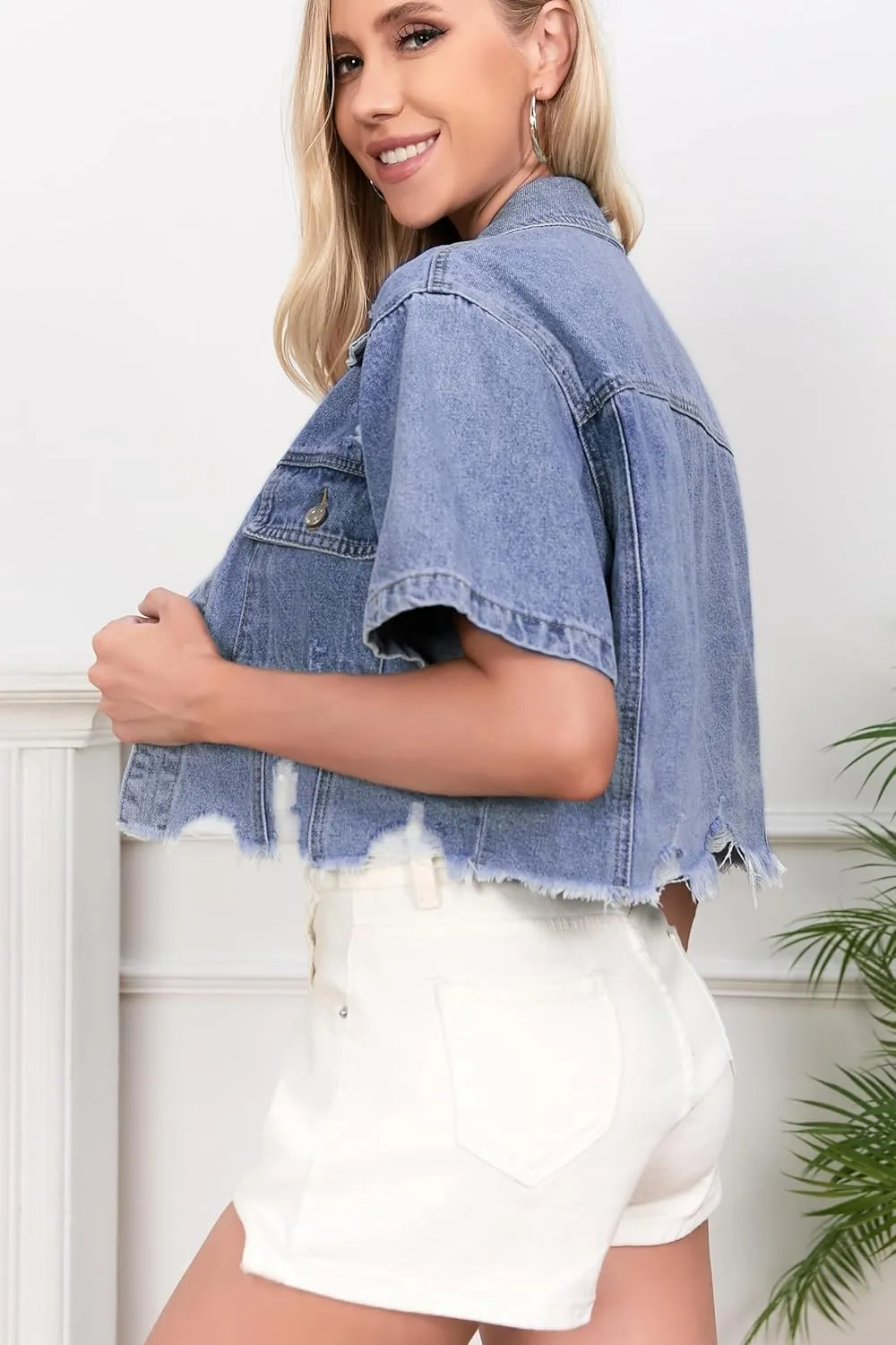 Short Sleeve Jean Jacket for Women Cropped Distressed Jackets Plus Size Denim Top with Frayed Hem