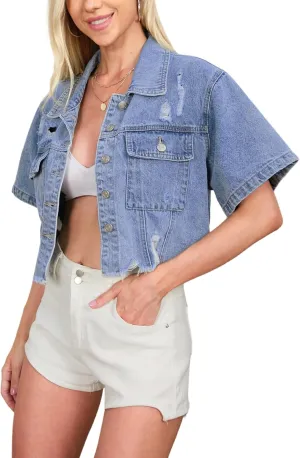 Short Sleeve Jean Jacket for Women Cropped Distressed Jackets Plus Size Denim Top with Frayed Hem