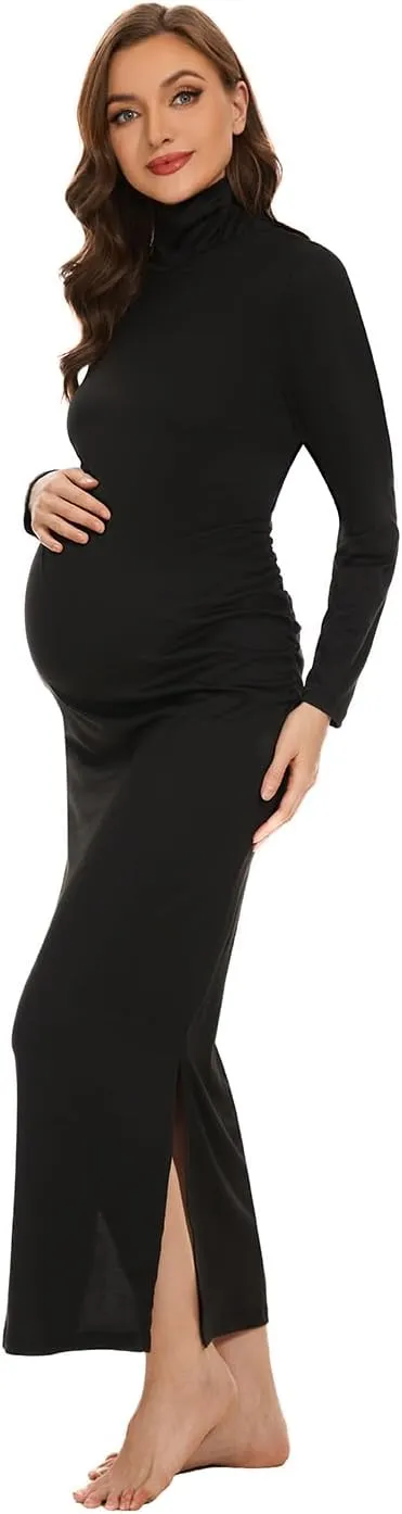Turtleneck Long Sleeve Maternity Bodycon Dresses for Photography Maternity Baby Shower and Casual