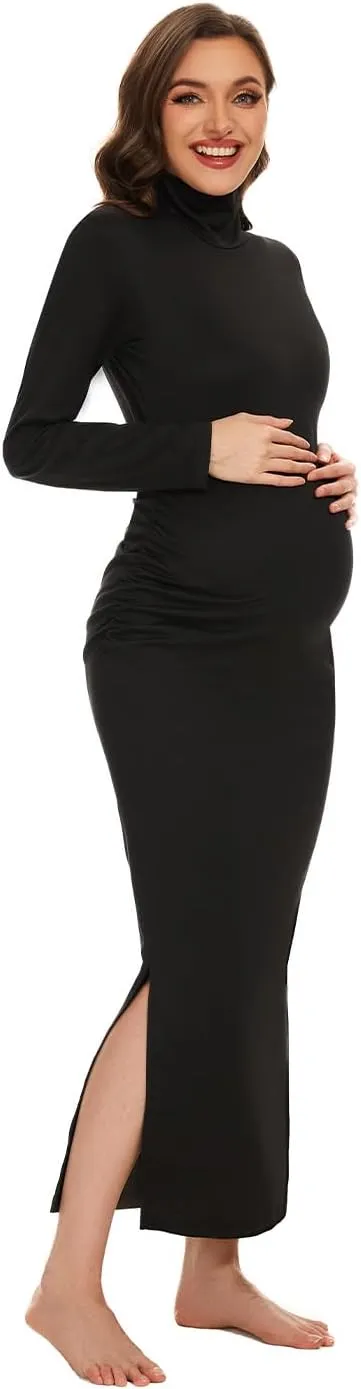 Turtleneck Long Sleeve Maternity Bodycon Dresses for Photography Maternity Baby Shower and Casual