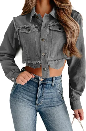 VOIKERDR Cropped Jean Jacket for Women Long Sleeve Knotted Button Down Denim Shirt Sexy Streetwear