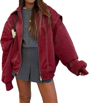 VOIKERDR Womens Oversized Leather Jackets Motorcycle Coats Faux Leather Blazer Biker Jacket