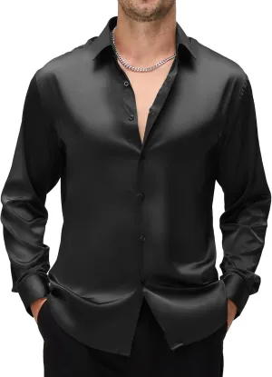 WARHORSEE Mens Silk Satin Dress Shirts Shiny Long Sleeve Button Down Shirt Party Prom Wedding Shirt