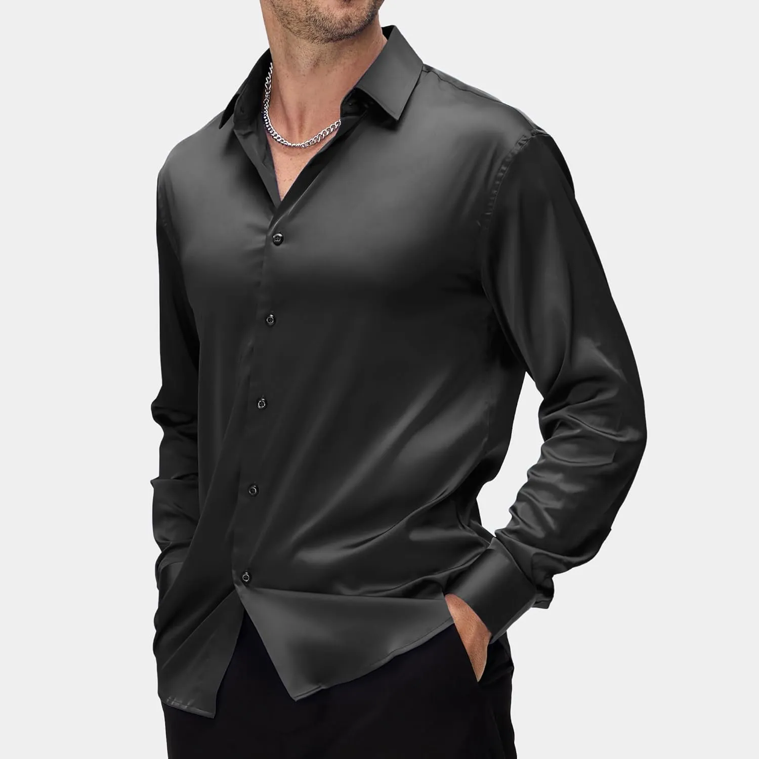 WARHORSEE Mens Silk Satin Dress Shirts Shiny Long Sleeve Button Down Shirt Party Prom Wedding Shirt