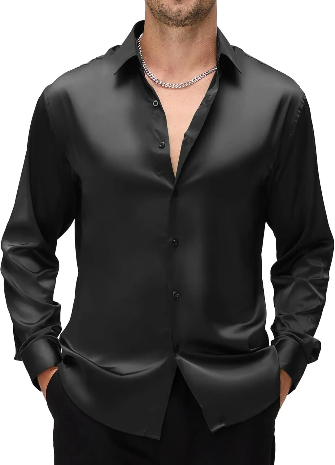 WARHORSEE Mens Silk Satin Dress Shirts Shiny Long Sleeve Button Down Shirt Party Prom Wedding Shirt
