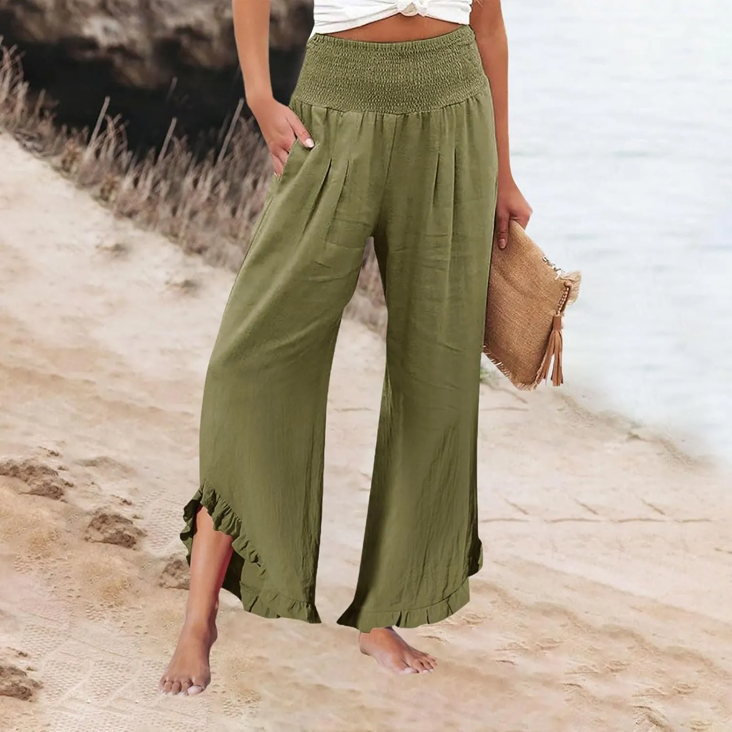 Wide Leg Pants Woman Flowy 2025 Summer Palazzo Trousers Dressy Cotton Linen Boho Long Pant Lounge with Pockets