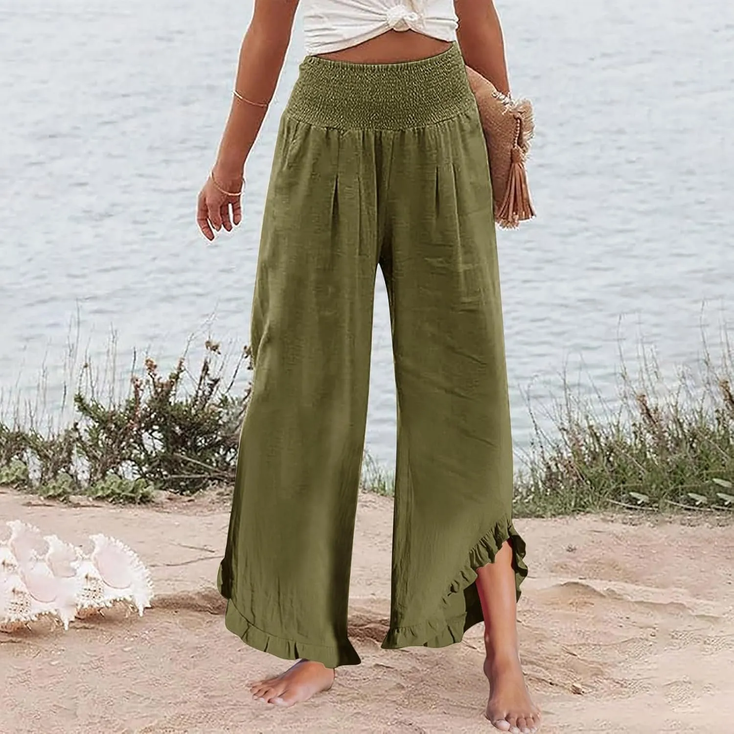 Wide Leg Pants Woman Flowy 2025 Summer Palazzo Trousers Dressy Cotton Linen Boho Long Pant Lounge with Pockets