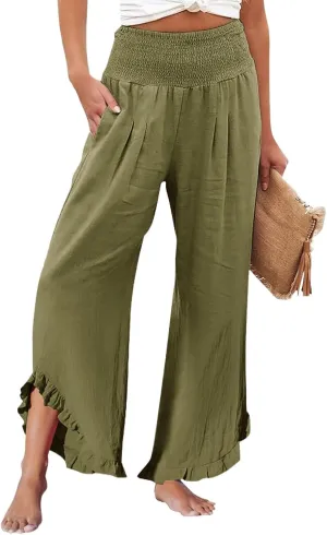 Wide Leg Pants Woman Flowy 2025 Summer Palazzo Trousers Dressy Cotton Linen Boho Long Pant Lounge with Pockets
