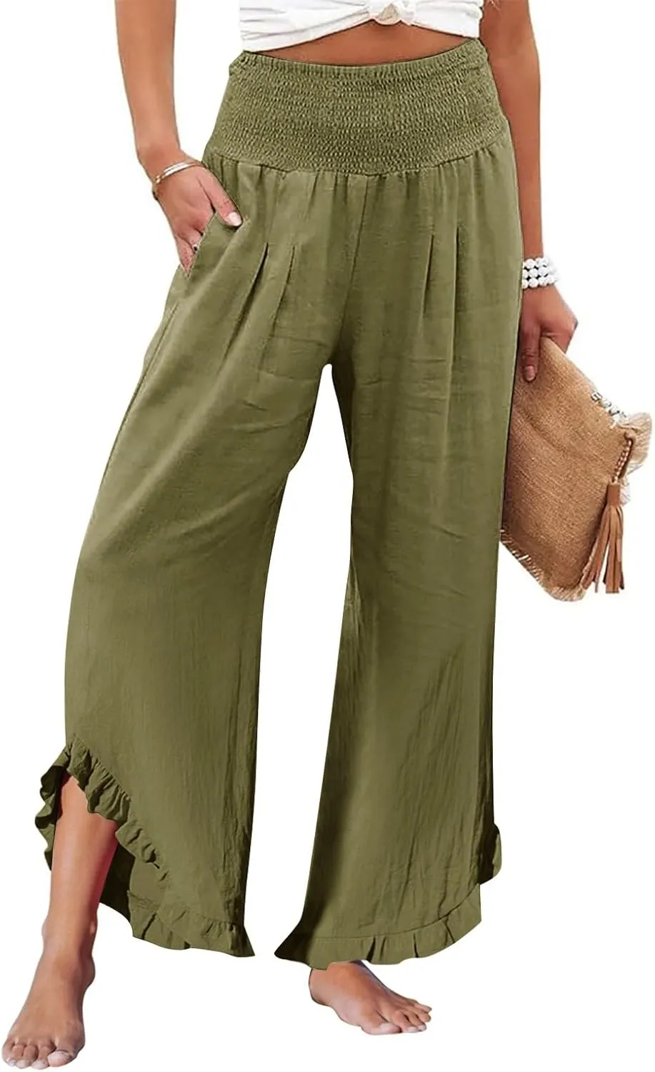 Wide Leg Pants Woman Flowy 2025 Summer Palazzo Trousers Dressy Cotton Linen Boho Long Pant Lounge with Pockets