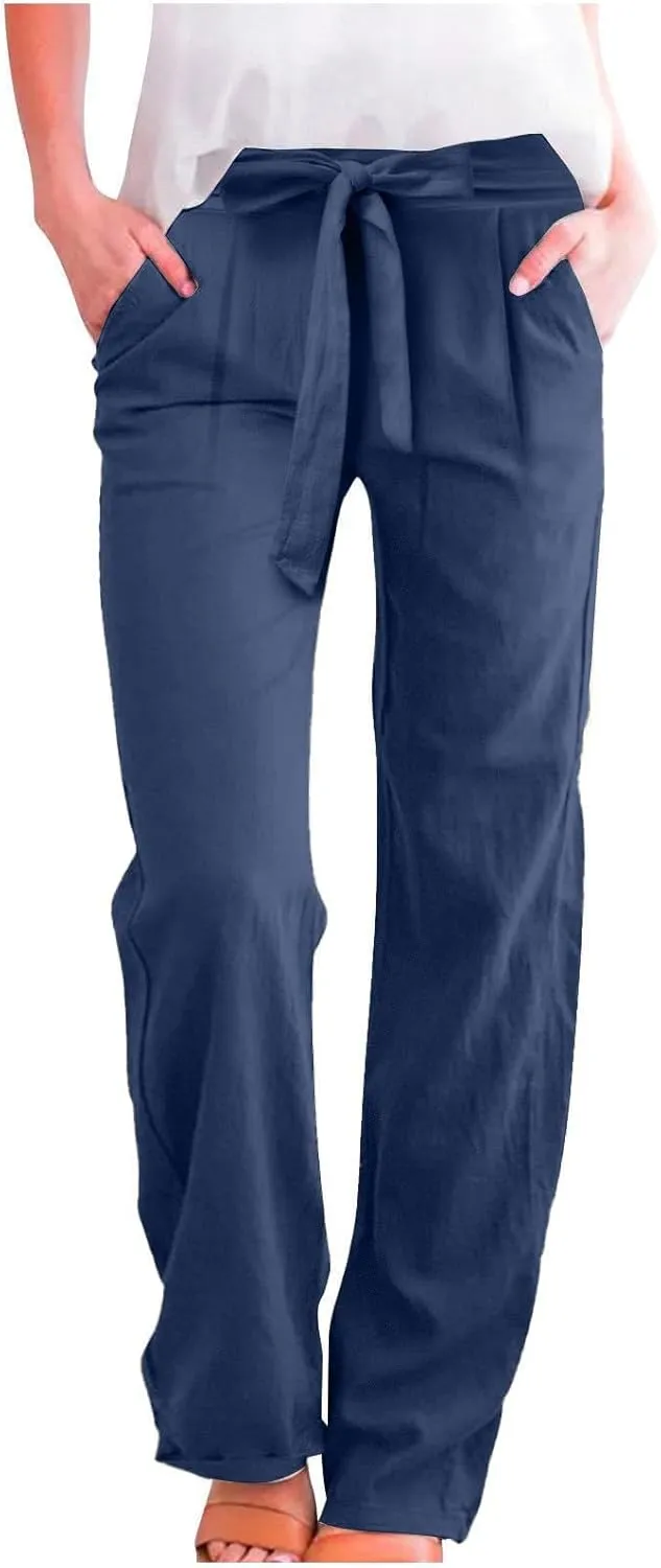 Womens Casual Cotton Linen Pants Drawstring High Waisted Pants Loose Fit Lounge Long Trousers with Pockets