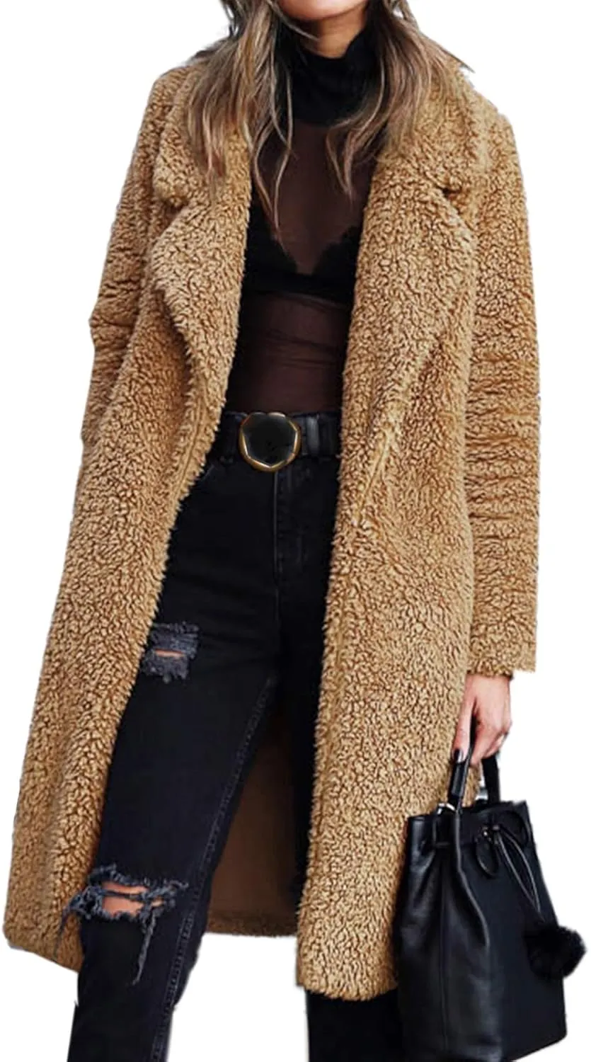 Womens Casual Fuzzy Fleece Long Jackets Zip Up Trench Coats Long Sleeve Lapel Cardigan Fall Winter Warm Outerwear