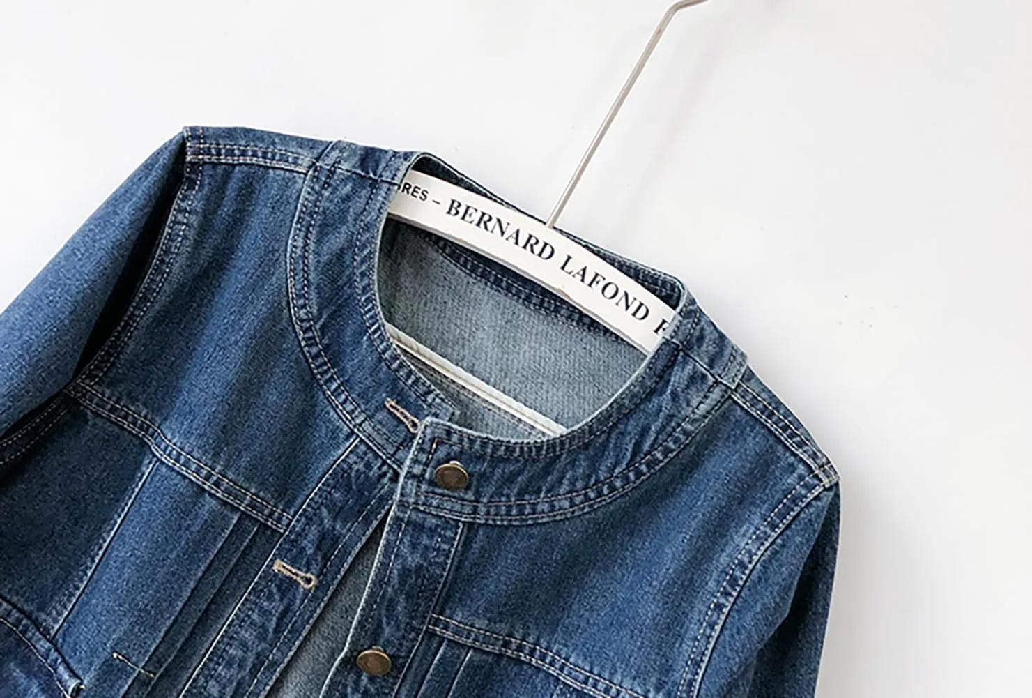 Womens Collarless Long Sleeve Denim Jacket Round Neck Button Down Jean Jackets